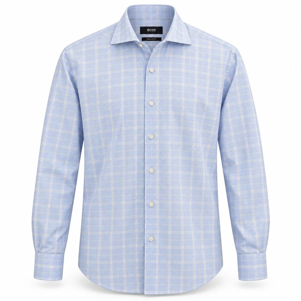 Hugo Boss Plaid Check Regular Fit Dress Shirt Mens 16.5 32/33 Blue 100% Cotton